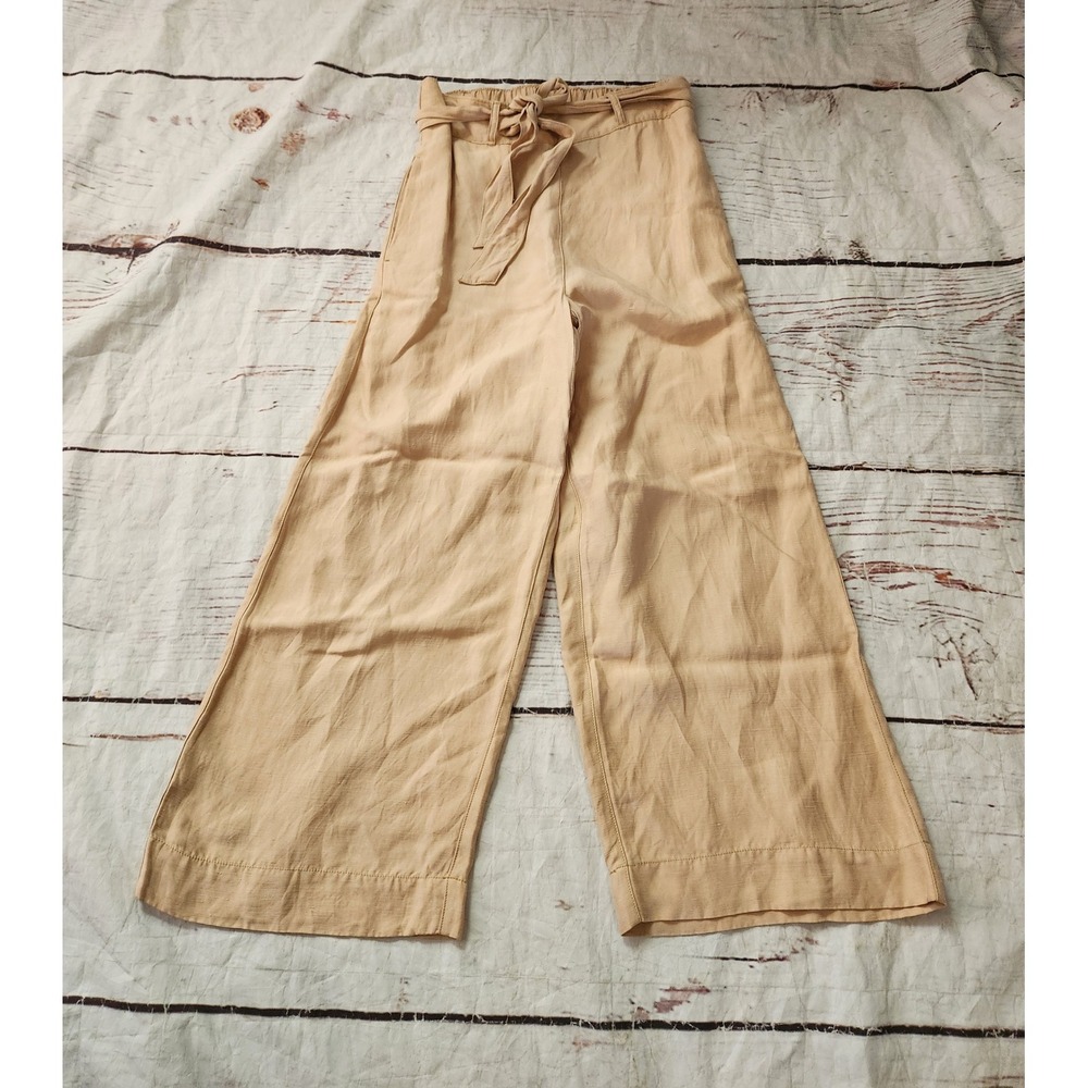 Halston Womens Beige Linen Blend Wide Leg Belted Pants Size Small